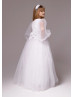 Long Sleeves White Velvet Tulle Modest Flower Girl Dress